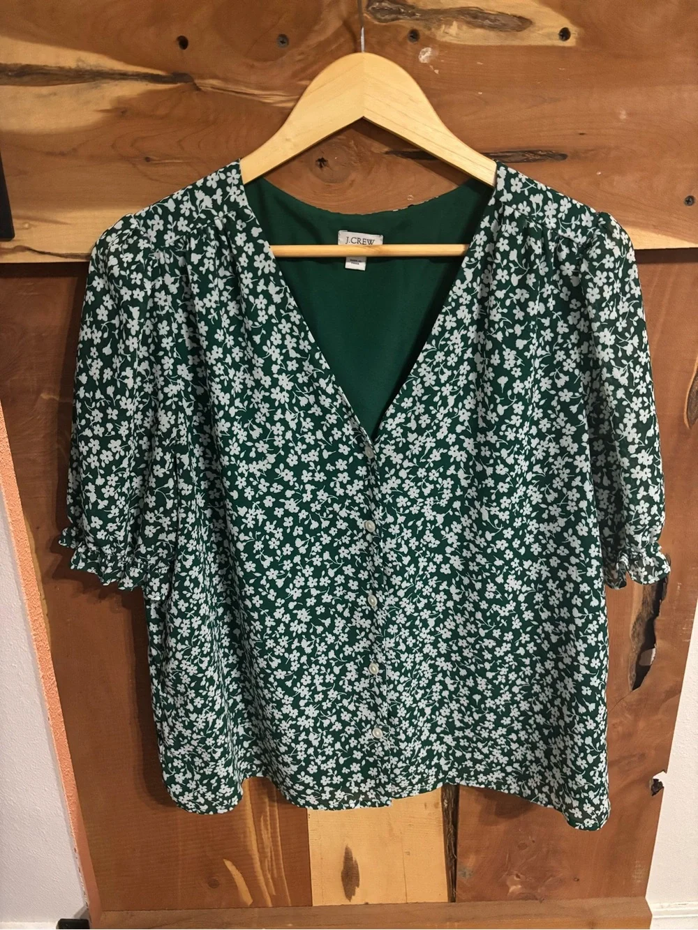J. Crew Green and White Floral Button-Up Blouse